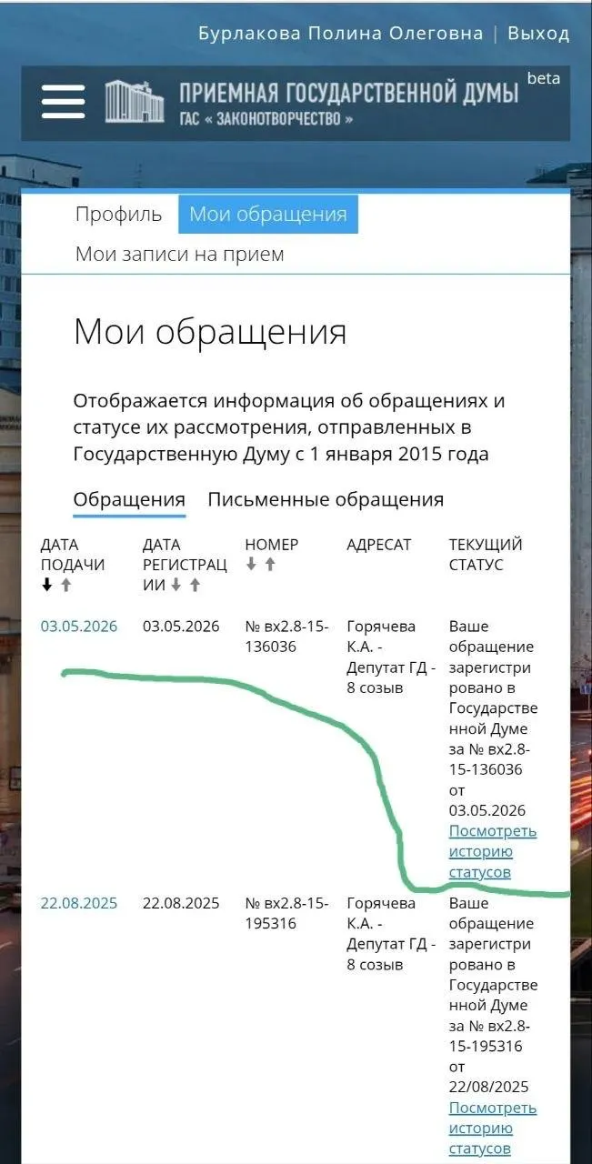 Юристка и волонтёрка Полина Бурлакова обратилась к депутату Госдумы с просьбой ускорить подготовку и внесение законопроектов по охране жертв домашнего насилия, в том числе введению охранных ордеров и усилению ответственности полиции.