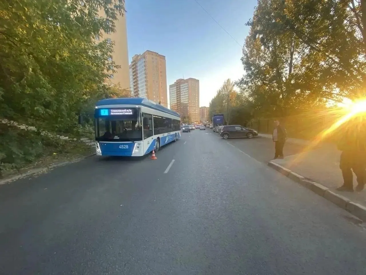 Девочка переходила дорогу вне пешеходного перехода; водитель троллейбуса резко затормозил, чтобы избежать наезда, и внутри салона упала пассажирка.