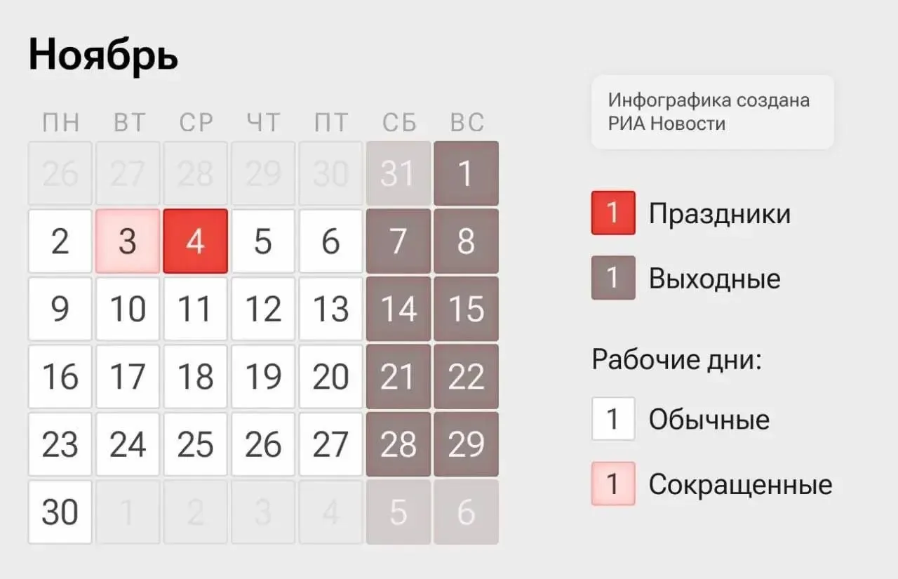 2–3 и 5–6 ноября — рабочие дни с сокращенным временем; 4 ноября — выходной по случаю Дня народного единства.